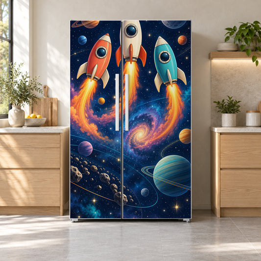 Rocket Ships fridge wrap on a side-by-side refrigerator