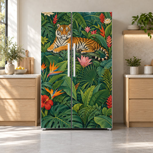 Rousseau-Inspired Jungle fridge wrap on a side-by-side refrigerator