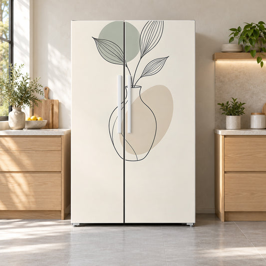 Scandinavian Line Art fridge wrap on a side-by-side refrigerator