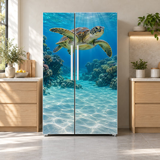 Sea Turtle fridge wrap on a side-by-side refrigerator