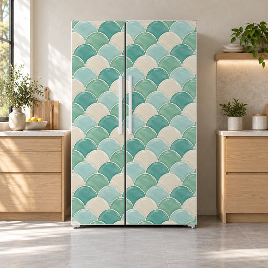 Seafoam Scallop Tiles fridge wrap on a side-by-side refrigerator