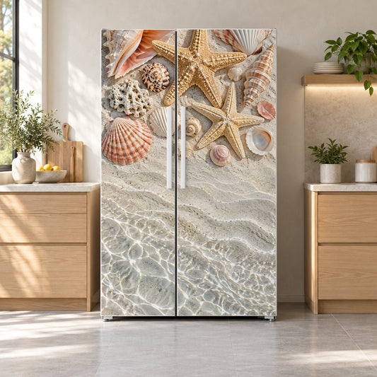 Seashells & Starfish fridge wrap on a side-by-side refrigerator