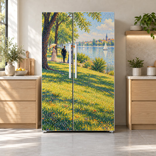 Seurat-Inspired Pointillist Park fridge wrap on a side-by-side refrigerator