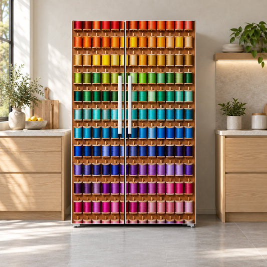 Sewing Thread Spool Wall fridge wrap on a side-by-side refrigerator