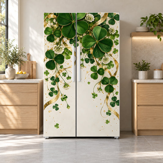 Shamrocks & Gold fridge wrap on a side-by-side refrigerator