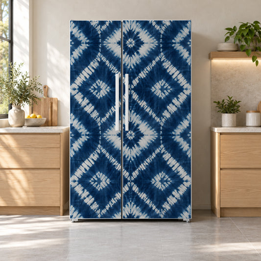 Shibori Indigo Tie-Dye fridge wrap on a side-by-side refrigerator