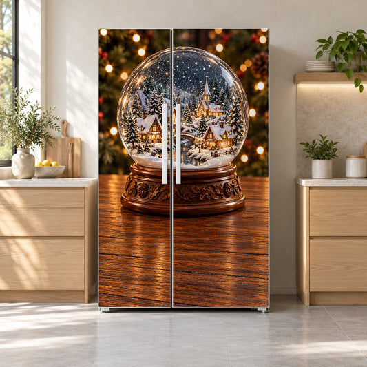 Snow Globe Village fridge wrap on a side-by-side refrigerator