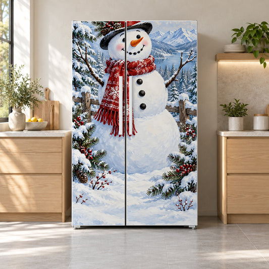 Snowman fridge wrap on a side-by-side refrigerator