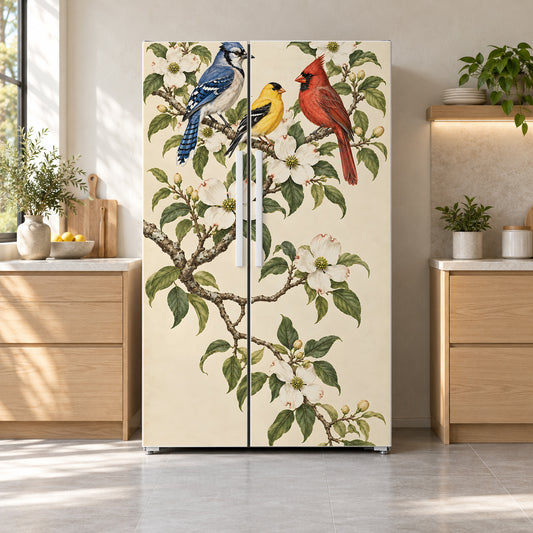Songbirds & Dogwood fridge wrap on a side-by-side refrigerator