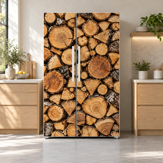 Stacked Firewood fridge wrap on a side-by-side refrigerator