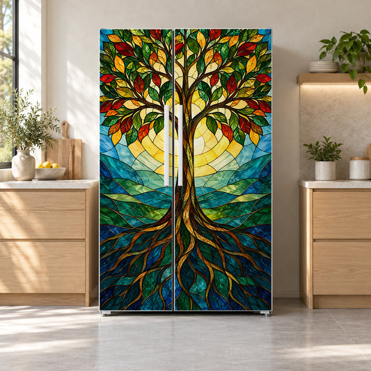 Stained Glass Tree of Life fridge wrap on a side-by-side refrigerator