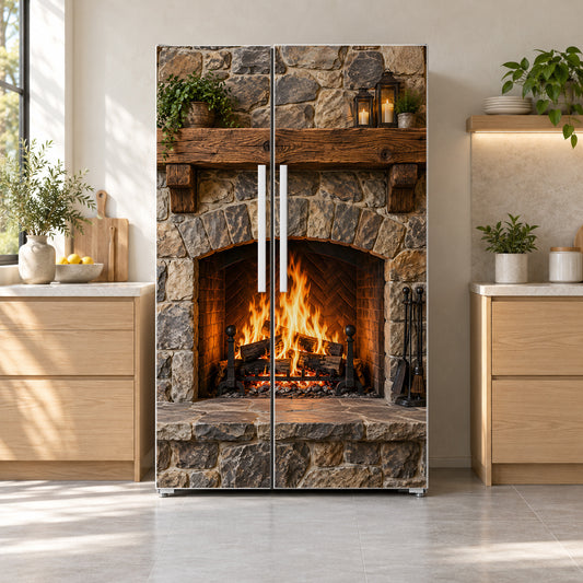 Stone Fireplace fridge wrap on a side-by-side refrigerator