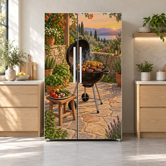Summer BBQ Grill fridge wrap on a side-by-side refrigerator