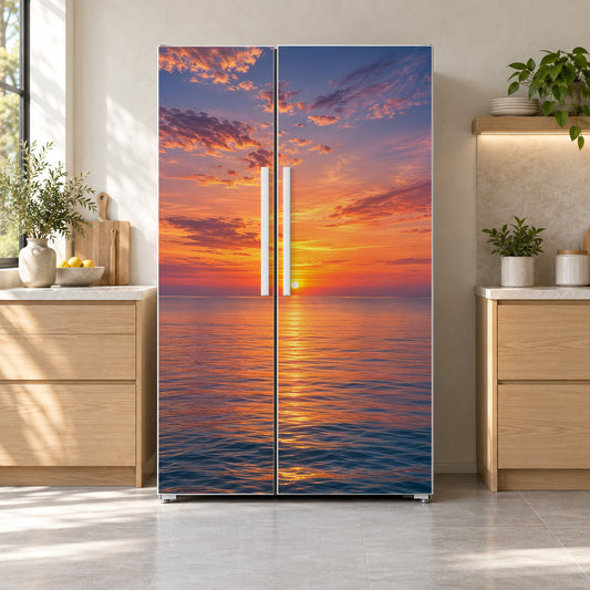 Sunset over the Sea fridge wrap on a side-by-side refrigerator