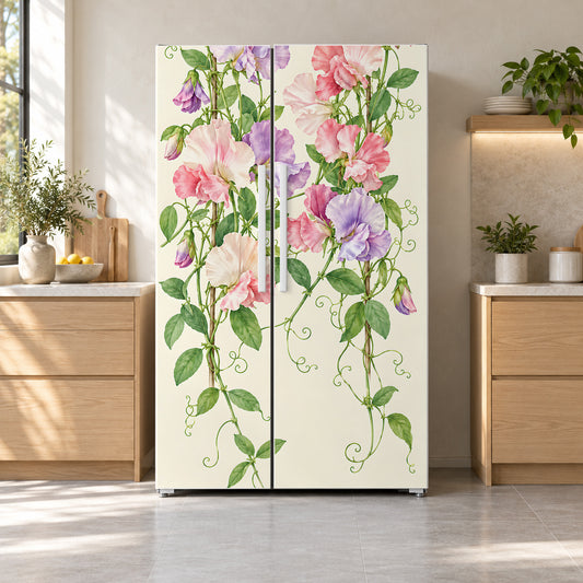 Sweet Peas fridge wrap on a side-by-side refrigerator