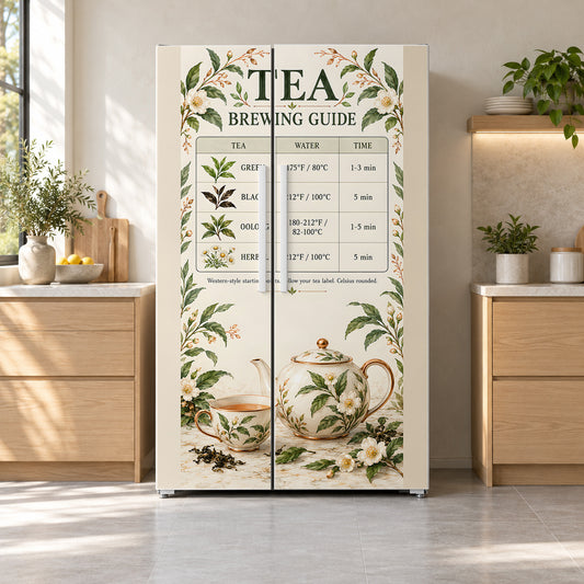 Tea Brewing Guide fridge wrap on a side-by-side refrigerator