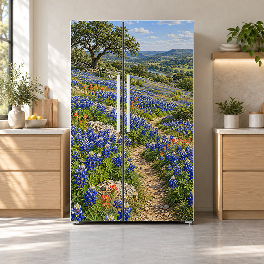 Texas Bluebonnets fridge wrap on a side-by-side refrigerator