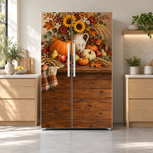 Thanksgiving Harvest fridge wrap on a side-by-side refrigerator