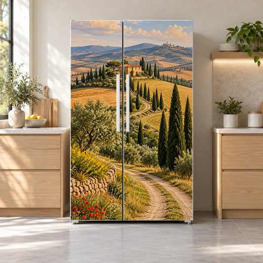 Tuscan Cypress Hills fridge wrap on a side-by-side refrigerator