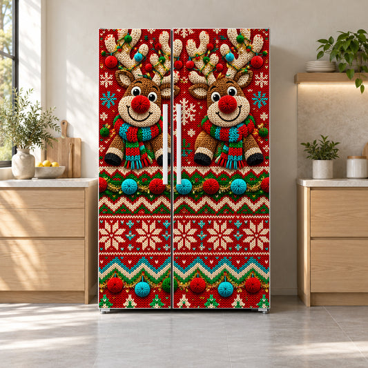 Ugly Christmas Sweater fridge wrap on a side-by-side refrigerator