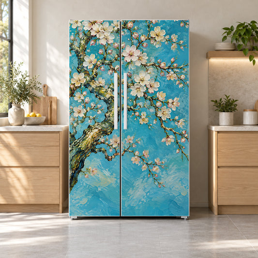 Van Gogh Inspired Almond Blossoms fridge wrap on a side-by-side refrigerator