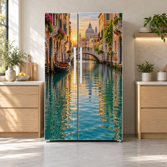 Venice Canals fridge wrap on a side-by-side refrigerator