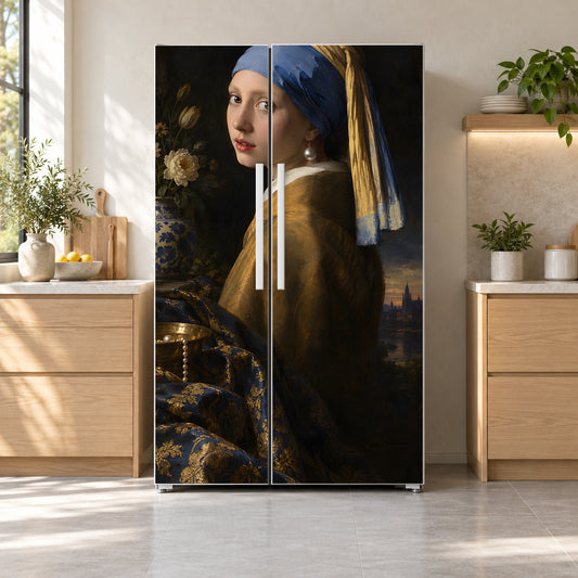 Vermeer Inspired Pearl Earring fridge wrap on a side-by-side refrigerator