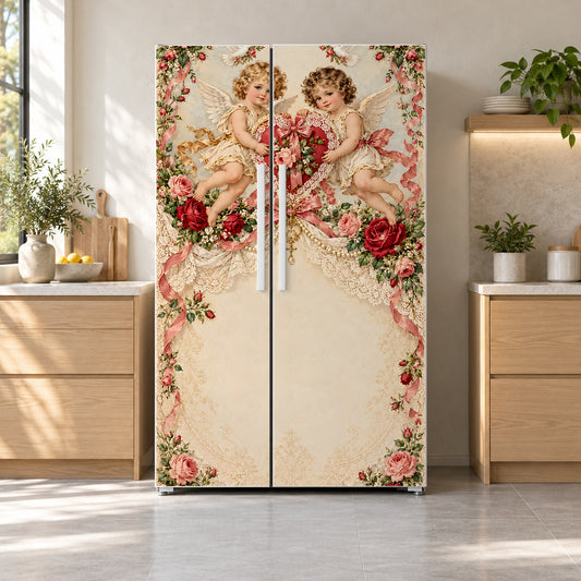 Victorian Valentine Cupids fridge wrap on a side-by-side refrigerator