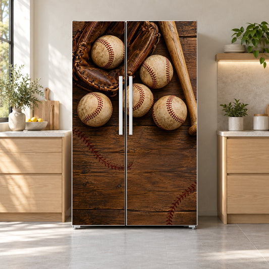 Vintage Baseballs fridge wrap on a side-by-side refrigerator