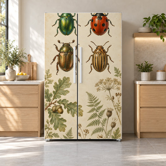 Vintage Beetles Specimen Chart fridge wrap on a side-by-side refrigerator