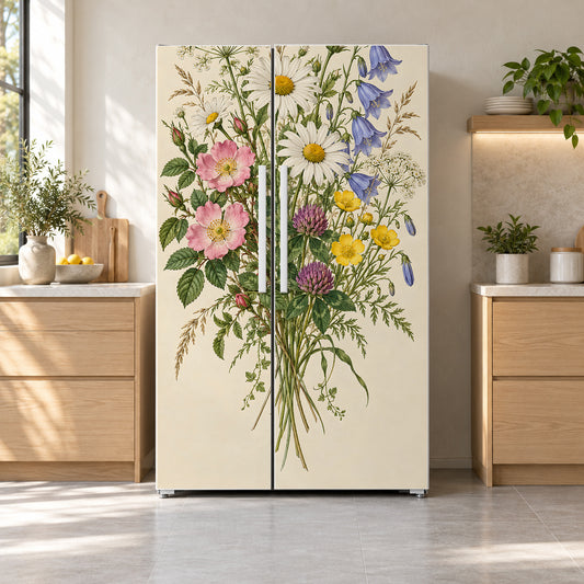 Vintage Botanical Wildflowers fridge wrap on a side-by-side refrigerator
