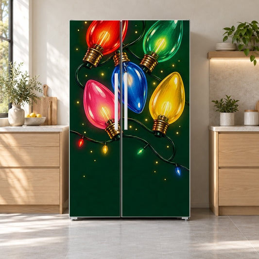 Vintage Christmas Bulb Lights fridge wrap on a side-by-side refrigerator