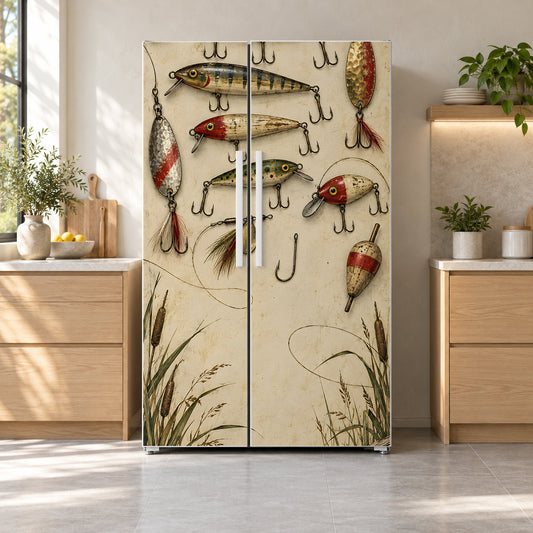 Vintage Fishing Lures fridge wrap on a side-by-side refrigerator
