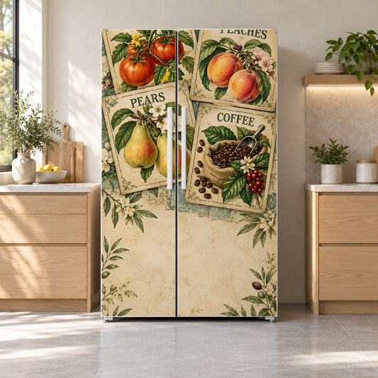 Vintage Produce Labels fridge wrap on a side-by-side refrigerator