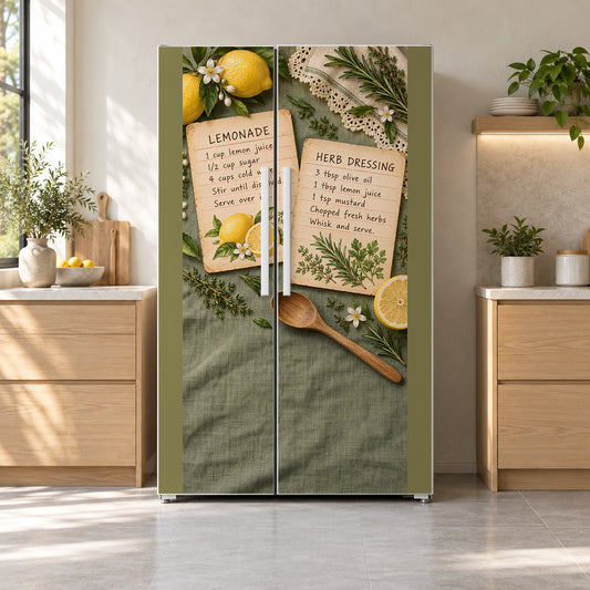 Vintage Recipe Cards fridge wrap on a side-by-side refrigerator