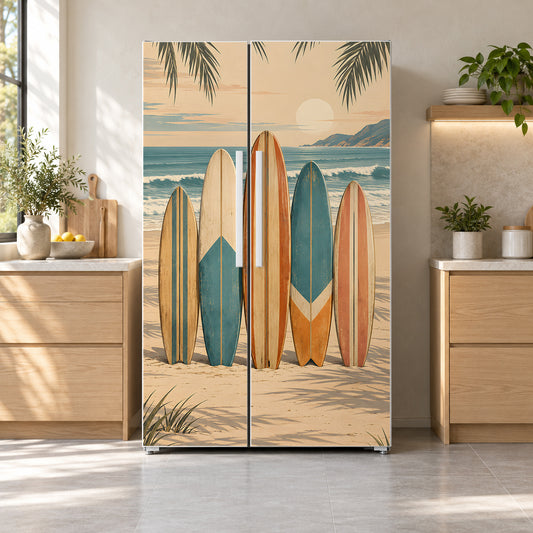 Vintage Surfboards fridge wrap on a side-by-side refrigerator