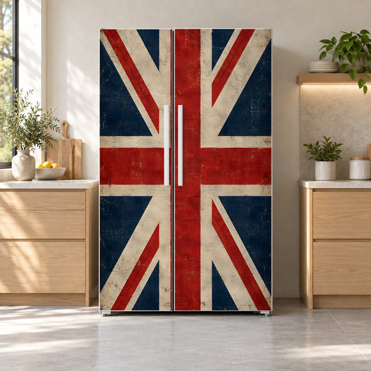 Vintage Union Jack fridge wrap on a side-by-side refrigerator