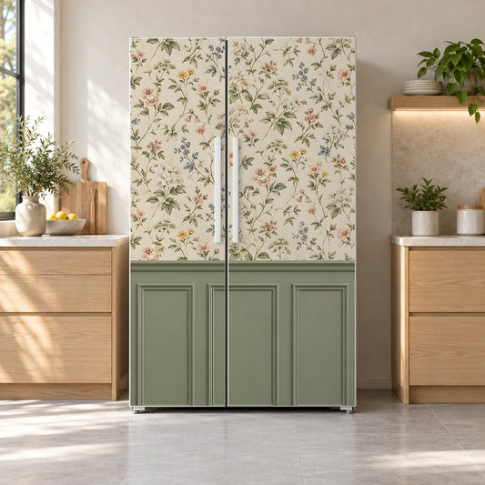 Wainscot Panels & Floral Wallpaper fridge wrap on a side-by-side refrigerator