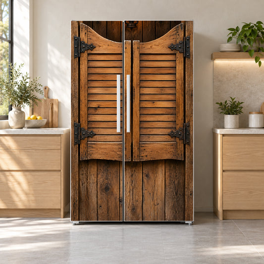 Western Saloon Doors fridge wrap on a side-by-side refrigerator