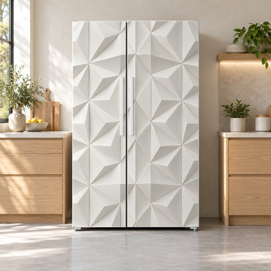 White 3D Geometric fridge wrap on a side-by-side refrigerator