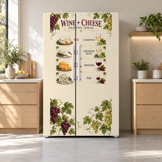 Wine & Cheese Pairing Chart fridge wrap on a side-by-side refrigerator