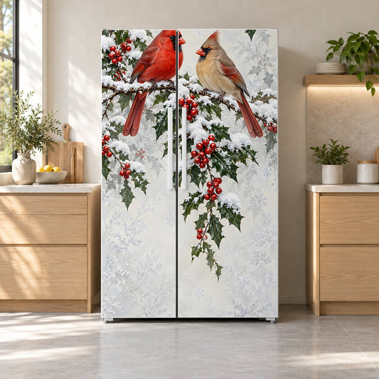 Winter Cardinals fridge wrap on a side-by-side refrigerator