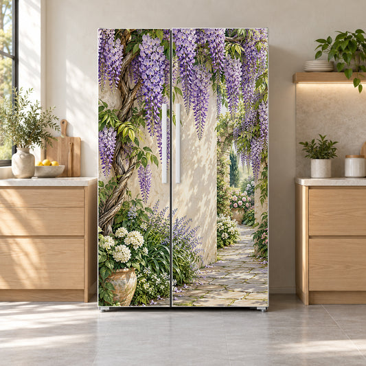 Wisteria Cascade fridge wrap on a side-by-side refrigerator