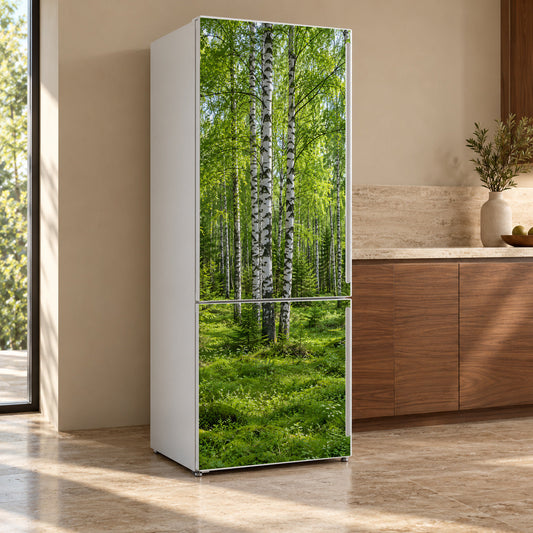 Birch forest fridge wrap installed on a refrigerator, shown at an angle