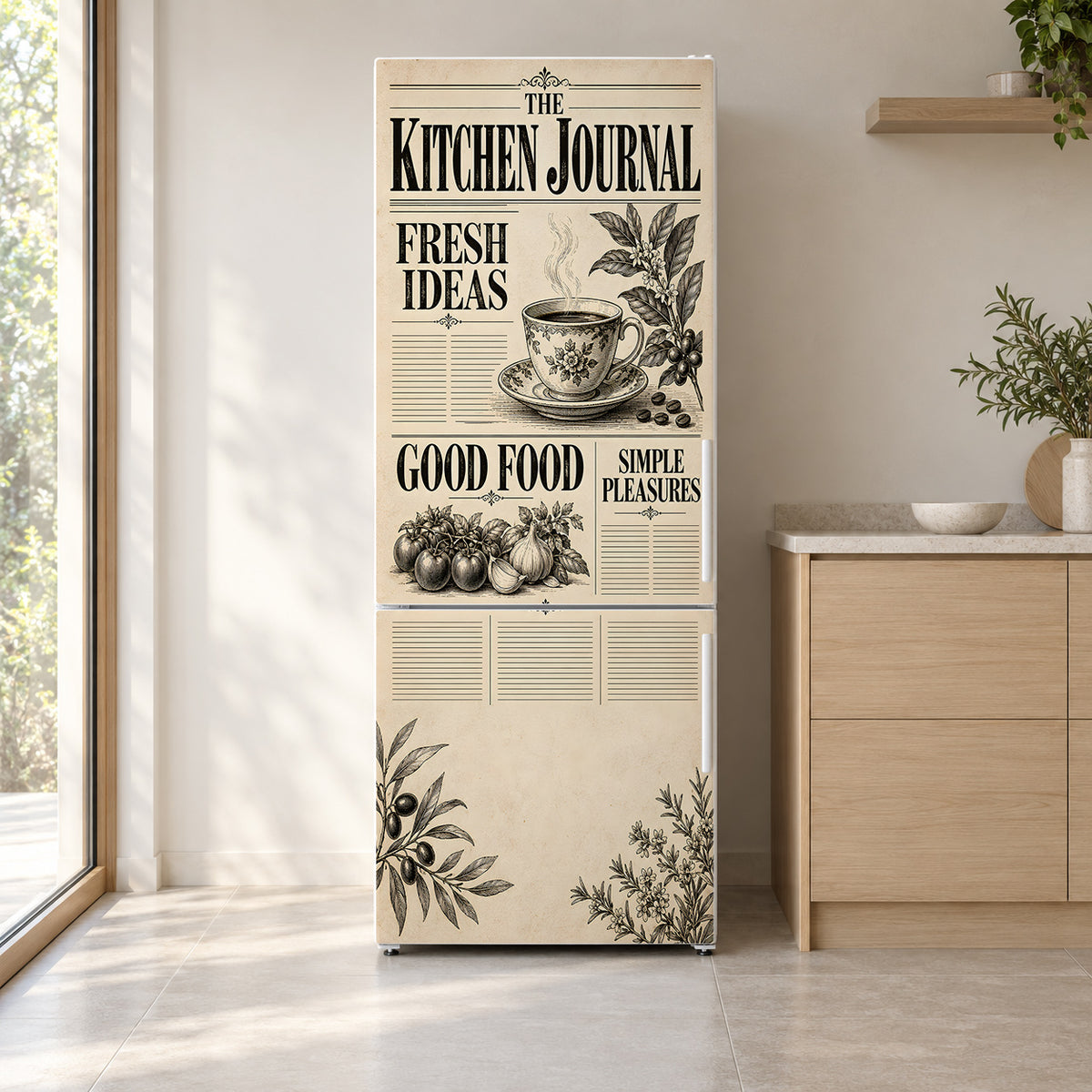 Vintage Kitchen Newspaper Fridge Wrap – Full Color Vinyl Refrigerator Decal