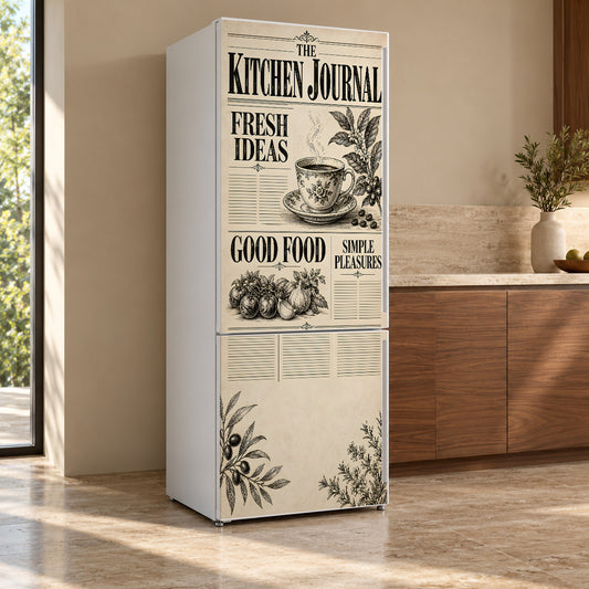 Vintage Kitchen Newspaper Fridge Wrap – Full Color Vinyl Refrigerator Decal