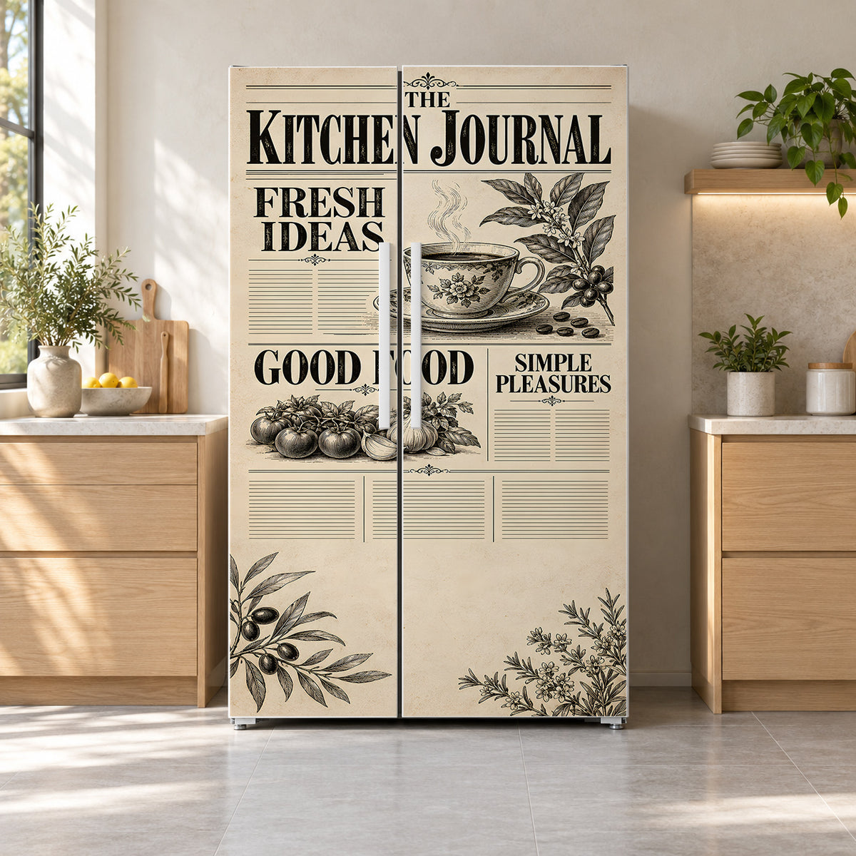 Vintage Kitchen Newspaper Fridge Wrap – Full Color Vinyl Refrigerator Decal