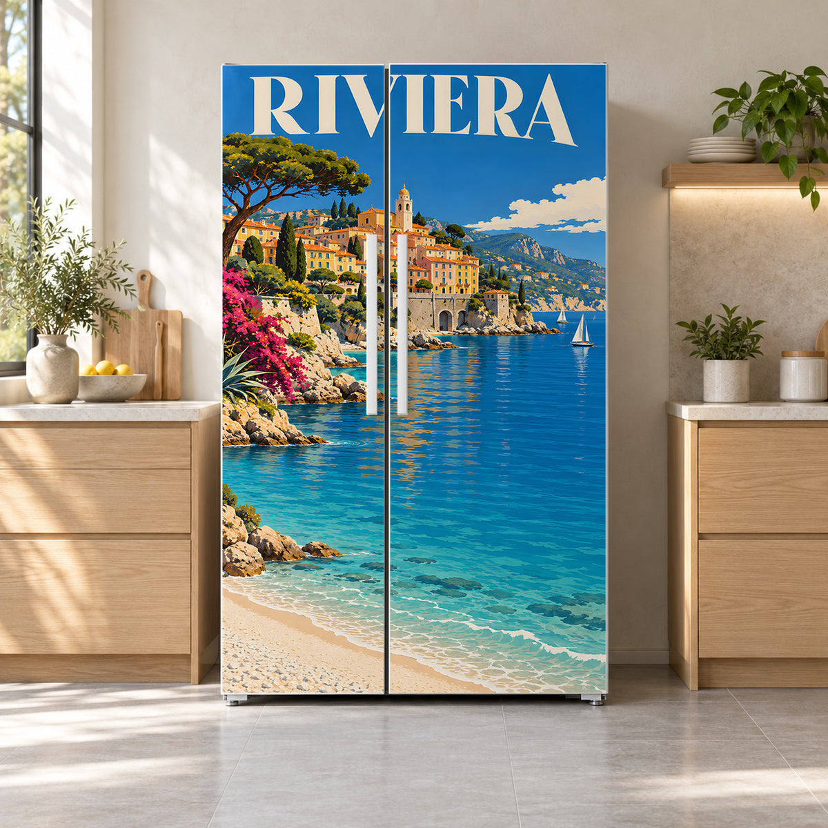 Riviera Travel Poster Fridge Wrap – Full Color Vinyl Refrigerator Decal