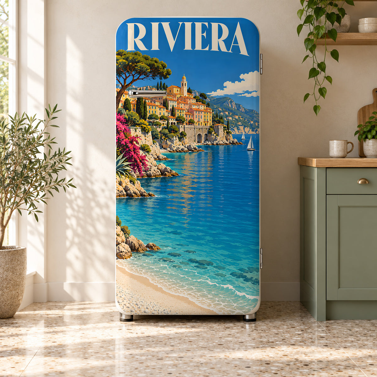 Riviera Travel Poster Fridge Wrap – Full Color Vinyl Refrigerator Decal