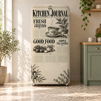 Vintage Kitchen Newspaper Fridge Wrap – Full Color Vinyl Refrigerator Decal